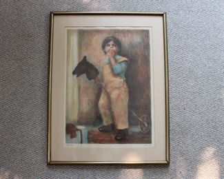 Signed print of a child with a toy horse