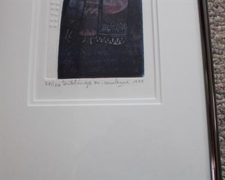 Signature detail on "Siblings" by Mathias Muleme, signed & numbered limited edition embossed intaglio, 38 of 150 (1999)