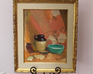 Mid century still life on board, framed