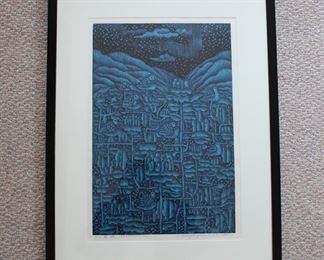 Monochromatic print of stylized landscape at night, artist signed & numbered, 11 of 25 (2000)