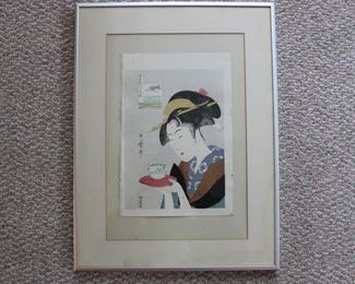 "Portrait of Naniwaya Okita" on deckle edge paper, reproduction of Japanese woodblock print