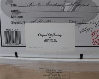 Reverse of original oil on board by Bill Mullin, Stratford, Ontario, titled Winter Gardens, Stratford, dated '03