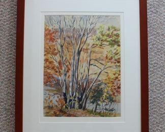 Framed watercolor of autumnal trees