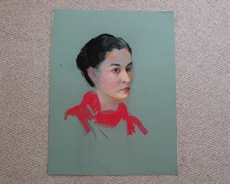 Mid century oil pastel, portrait of woman