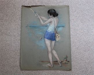 Mid century oil pastel of a woman fly fishing