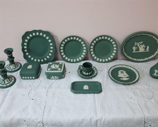 Multiple pieces of older Wedgwood in green jasperware, including the shell pattern