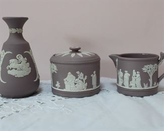 Hard to find lavender colored Wedgwood jasperware vase, covered sugar bowl, and creamer