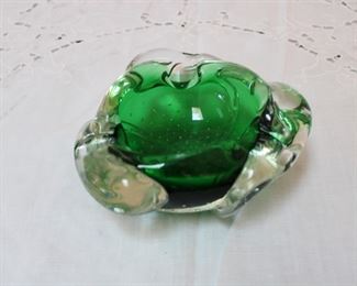 Mid century art glass ashtray with controlled bubbles in green and crystal
