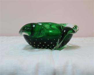 Another view of the Mid century art glass ashtray with controlled bubbles in green and crystal