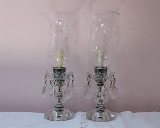 Pair of electric crystal boudoir lamps with etched glass shades