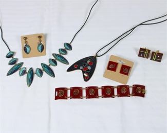 Gorgeous Mid Century Modern enamel on copper jewelry by Robert and Audrey Engstrom