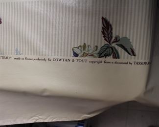 Markings on the Rambuteau pattern glazed cotton fabric remainder, Made in France for Cowan & Tout