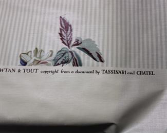 Markings on the Rambuteau pattern glazed cotton fabric remainder, Made in France for Cowan & Tout