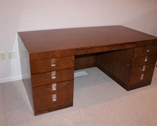 Another view of the FABULOUS 1970's or early 1980's Executive Style Desk in burlwood with campaign style handles