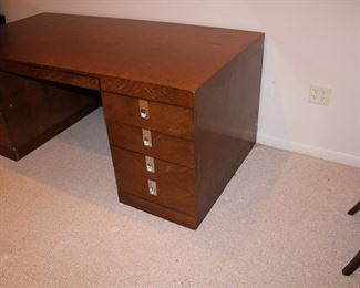 End view of the FABULOUS 1970's or early 1980's Executive Style Desk in burlwood with campaign style handles