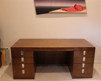 FABULOUS 1970's or early 1980's Executive Style Desk in burlwood with campaign style handles
