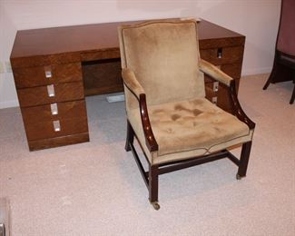 A fabulous 20th century Gainsborough chair (also known as a Martha Washington chair in the United States) upholstered in suede