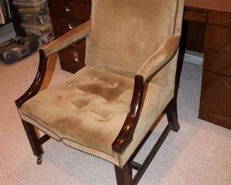 Another view of the fabulous 20th century Gainsborough chair (also known as a Martha Washington chair in the United States) upholstered in suede