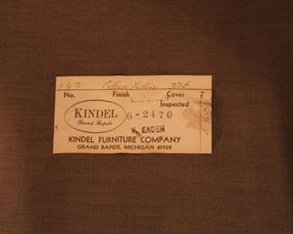Label on the vintage French Provincial open arm chair by Kindel Furniture Company, Grand Rapids, Michigan