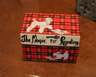 The Magic Key to Reading vintage1950's plaid recipe box decorated with poodles