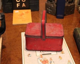 Antique little red tin lunch box