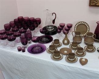 All set up and ready to go!  Fostoria Classic Amethyst stemware and plates and Wedgwood Cream Color on Taupe (Brown) Jasperware in the shell pattern