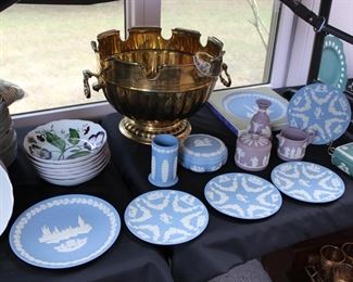 Wedgwood Cream Color on Pale Blue and Cream Color on Lilac Jasperware, and Mottahedeh brass monteith