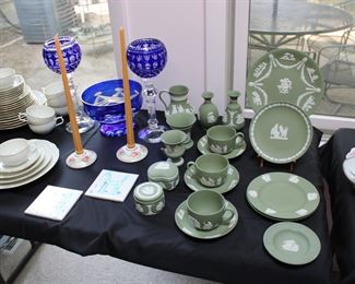 Cream on Green Wedgwood Jasperware, Bohemian Glass in cobalt blue cut to clear