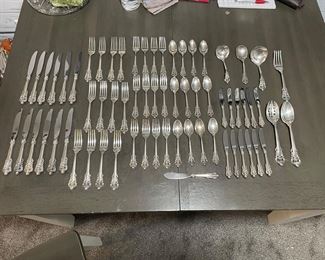 Wallace Grand Baroque sterling silver flatware set, five piece place settings, service for 12, plus 7 serving pieces