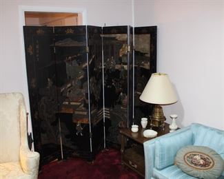 Old Chinese Painted Black Lacquer Six Panel Coromandel Screen