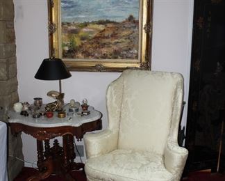 Large landscape oil on board, Baker Furniture Historic Charleston Collection wingback chair, and one of the nicest marble top tables we have had in a very long time