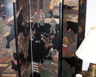 Detail on the Old Chinese Painted Black Lacquer Six Panel Coromandel Screen