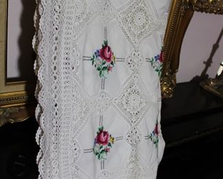Gorgeous vintage linen, lace, and cross stitch tablecloth or bedspread