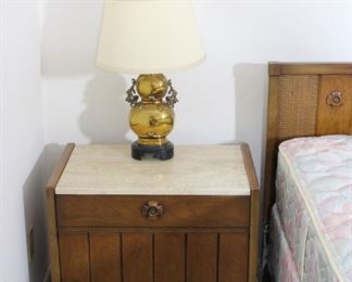 Pair of Drexel Mid Century nightstands with travertine marble tops
