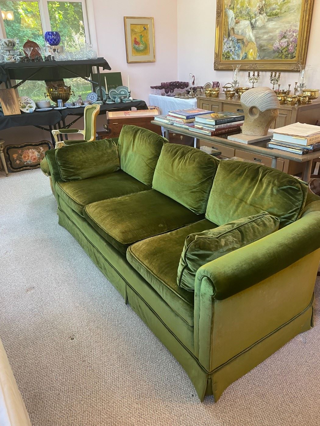 Sublime Baker Furniture Co. emerald green velvet sofa, c. 1960's, in excellent vintage condition
