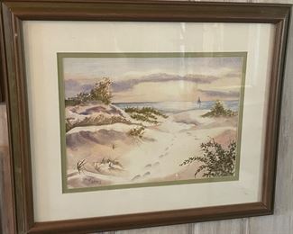 Watercolor by local artist Sal Harris showing Lake Michigan Beach and Dunes