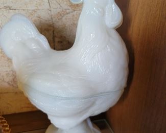 Iridescent  White  Milk Glass 8 1/2 Inch Tall Standing Rooster  Candy Dish