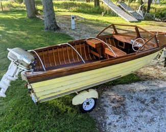 1957 Thompson 16 foot vintage wood boat with Johnson Javelin 35hp motor.  Extremely original boat with other vintage accessories.  Still has some refurbishing to be completed to make it water ready, otherwise a beautiful piece of  history. Asking $4200. Includes original trailer with new tires and rims.  Original tires and rims are included. 