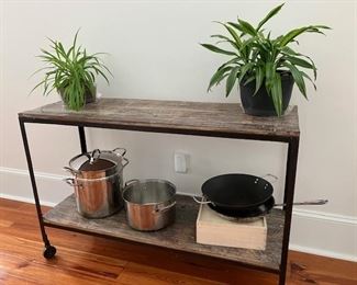 pasta pots and pans, wok, plants, rolling cart