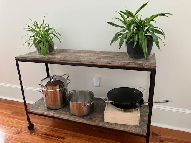 pasta pots and pans, wok, plants, rolling cart