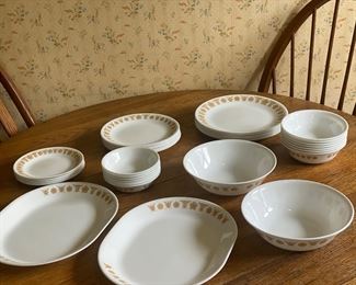 Vintage Corelle Dinner Set 41 pcs
Almost complete service for 8
Butterfly Gold
8 dinner plates
8 salad plates 
7 bread plates
7 cereal bowls
7 fruit bowls
2 serving bowls
2 serving platters
