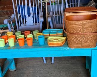 Vintage 1950’s Redmon 2 tier picnic basket made in Peru, Indiana. 
22x14x12
Vintage plastic picnic trays and cups
Colonial Plastics Mfg Co Cleveland, OH
Tucker Plastics Corp Leominster, Mass
