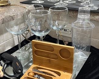 Wine Glasses, Drink Shaker & Wine Bottle Opener Set