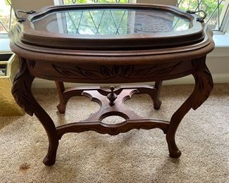 Walnut Carved Coffee Table with Glass Serving Tray
