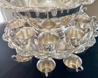 Silver Punch Bowl with Cups & Ladle 