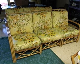 Signed Ficks Reed three piece sectional, can be used as a sofa or as a love seat and an armless chair
