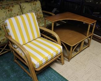 A signed Ficks Reed arm chair and a Ficks Reed corner two tiered table