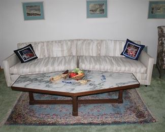Fabulous long angular mid century angled sofa with correlating angular marble coffee table