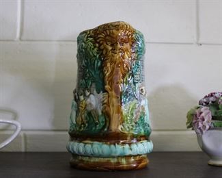 View of spout on French majolica pitcher