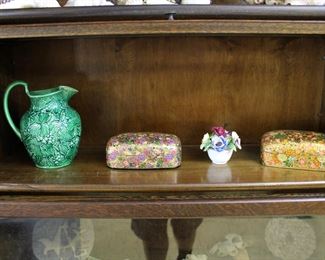 Wedgwood pitcher, painted lacquer boxes